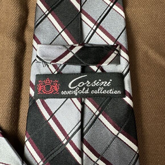 CORSINI Men's 7 Fold 100% Silk Tie Black Grey Burgundy Striped ~ Seven Fold Tie - Picture 1 of 11